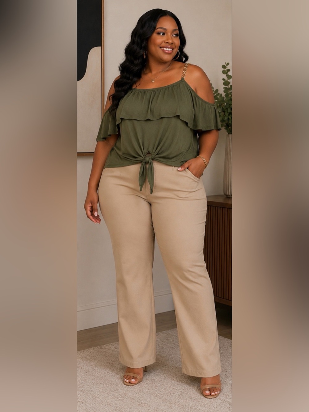 Plus Size Olive Green Cold Shoulder Chain Strap Top